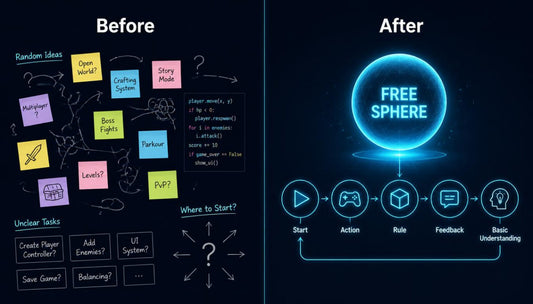 A split comparison graphic labeled 'Before' and 'After' on a dark background. The left side shows a sketchy brainstorm board with colorful sticky notes and written ideas.