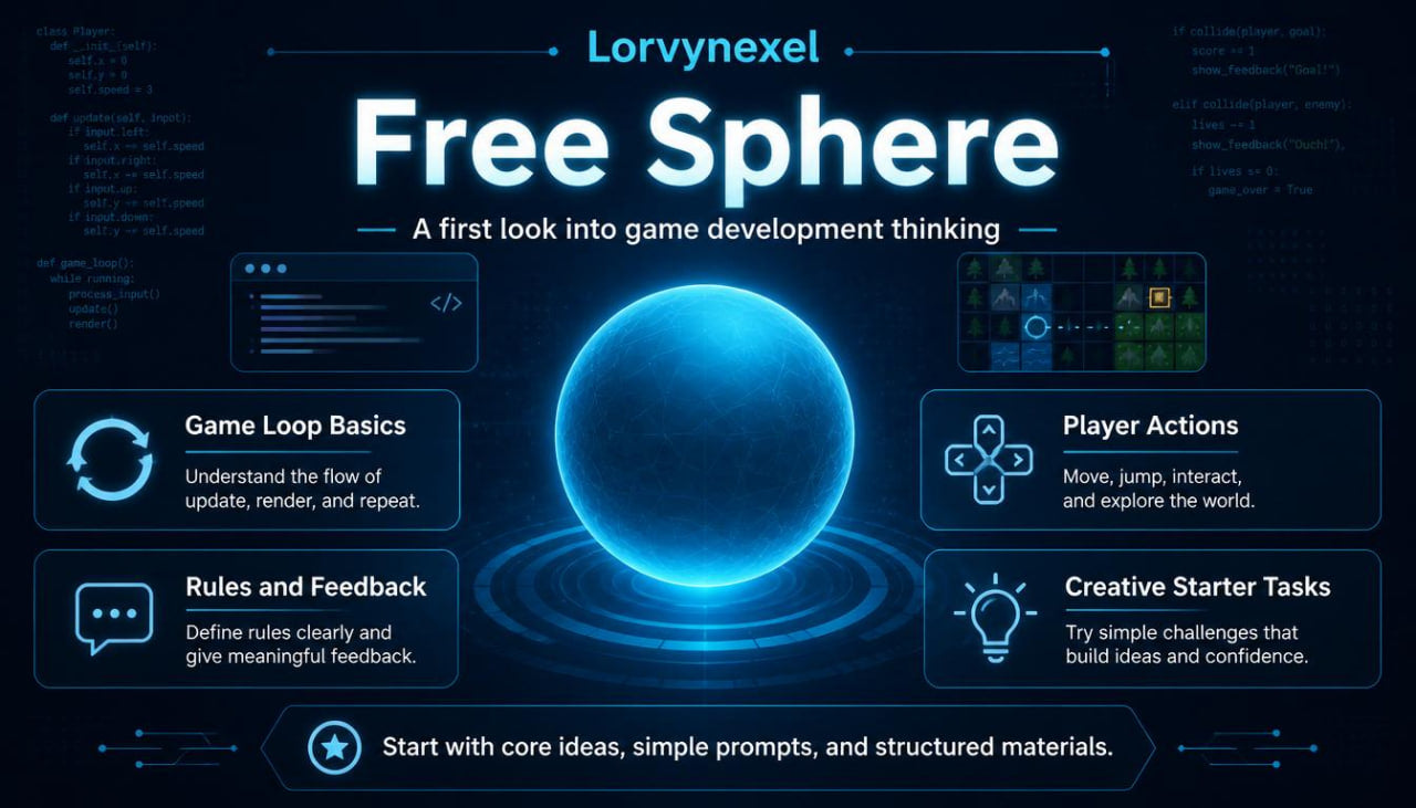 A dark blue digital infographic titled 'Lorvynexus Free Sphere' with a glowing blue orb in the center and several labeled panels around it about game development concepts like game loop basics, player actions, rules and feedback, creative starter tasks, and starting with core ideas, simple prompts, and structured materials.