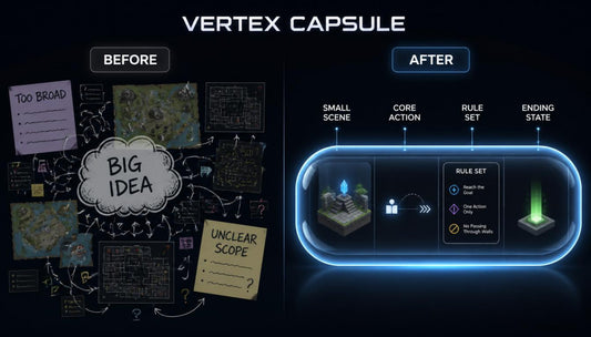 A dark promotional graphic titled 'VERTEX CAPSULE' comparing a messy brainstorming board labeled 'BEFORE' with a clean, illuminated capsule interface labeled 'AFTER'. The before section shows sketches, sticky notes, and a 'BIG IDEA' cloud.