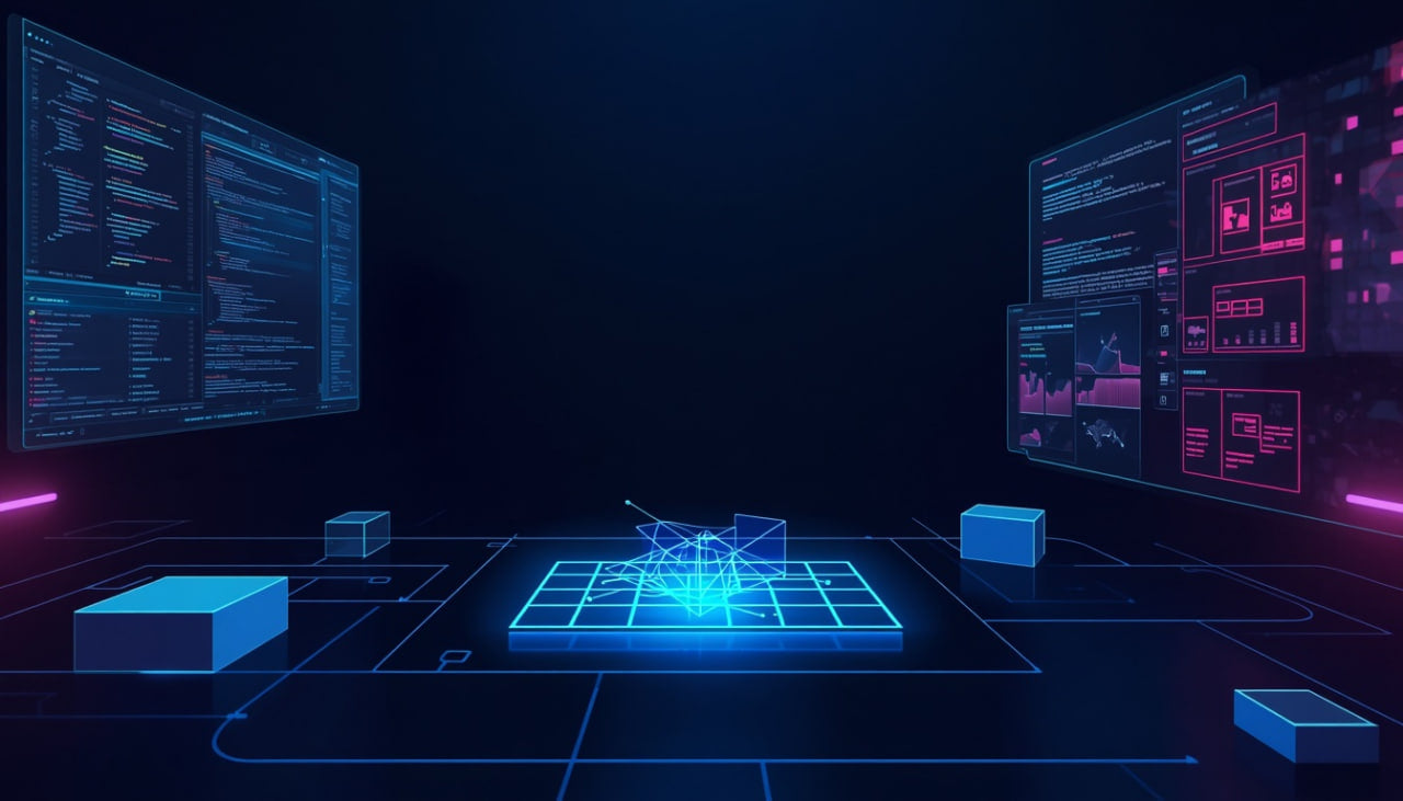 A futuristic dark blue digital interface scene with glowing blue and pink holographic screens, a central grid platform, and floating rectangular blocks in a cyberpunk tech environment.