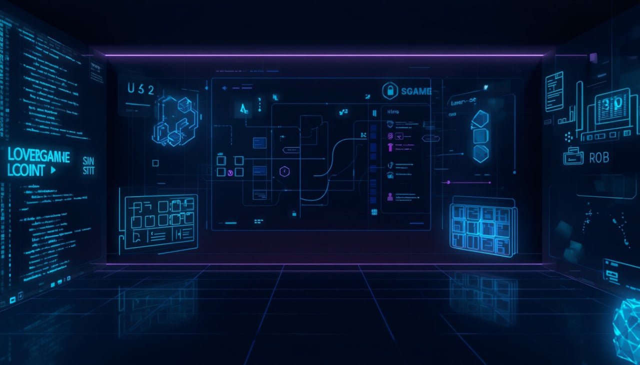 A futuristic dark blue and black digital interface scene with glowing neon cyan and purple lines, panels, charts, and text such as 'LOVERGAMING POINT' and 'ROB'. This appears to be a digital background or conceptual visual rather than a physical retail product, so subject_type is Other.