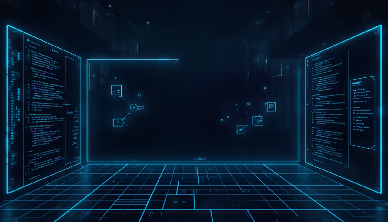 A futuristic dark blue digital room with glowing cyan grid lines on the floor and walls, large illuminated panels displaying text or code, and floating interface elements in the center.