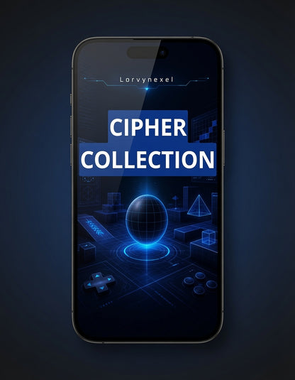 A smartphone centered on a dark blue background, displaying the text 'Lorvynexel' and 'CIPHER COLLECTION' over a futuristic blue digital interface graphic.