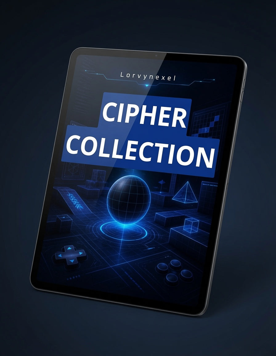 A digital cover for 'Cipher Collection' by Lorwynxel, displayed on a tablet screen against a dark blue background.