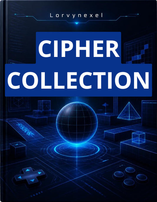 A book cover titled 'CIPHER COLLECTION' by Lorynexel, featuring a futuristic dark blue and black digital design with glowing blue geometric elements and a central glowing sphere.