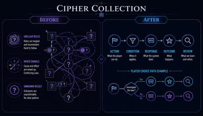 A dark navy graphic titled 'Cipher Collection' showing a before-and-after comparison with purple and white diagrams. The left 'Before' panel contains abstract circular and linear flowcharts with question marks and text about unclear rules and mixed signals.