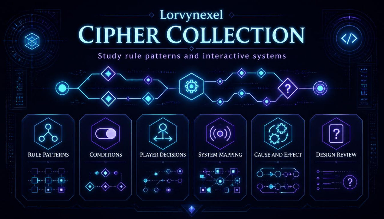 Digital cover graphic for 'Lorvynxel Cipher Collection', featuring a dark navy and black background with glowing blue and purple cybernetic icons, a central circuit diagram, and six labeled panels below for rule patterns, conditions, player decisions, system mapping, cause and effect, and design review.