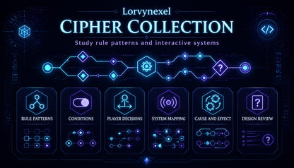 Digital cover graphic for 'Lorvynxel Cipher Collection', featuring a dark navy and black background with glowing blue and purple cybernetic icons, a central circuit diagram, and six labeled panels below for rule patterns, conditions, player decisions, system mapping, cause and effect, and design review.
