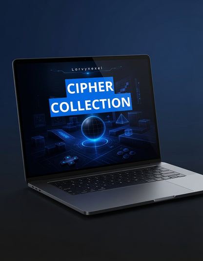 An open silver laptop on a dark surface against a dark blue background, displaying a digital graphic on the screen that reads 'CIPHER COLLECTION' with 'Lorvynexnet' above it.
