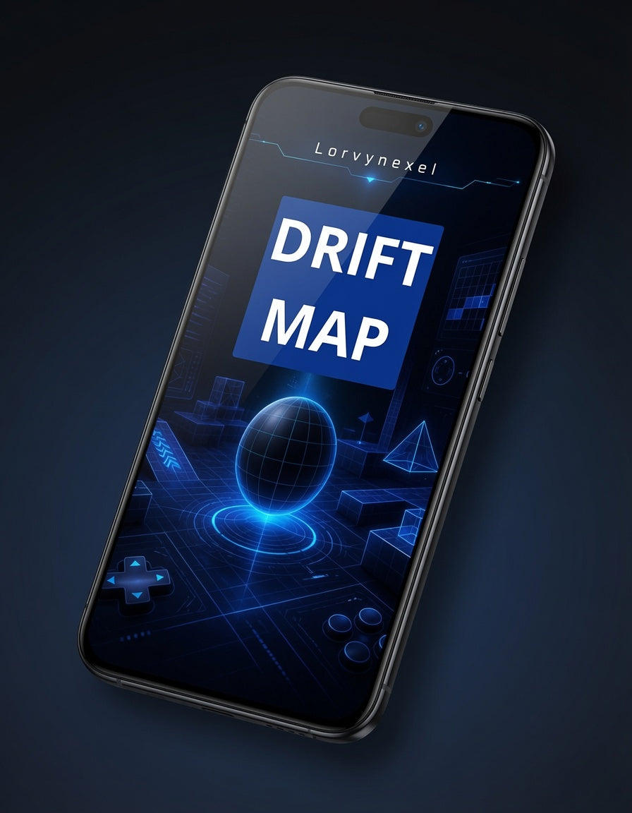 A smartphone shown at an angle on a dark blue background, displaying a futuristic blue interface with the text 'Lorynexel' and 'DRIFT MAP'.