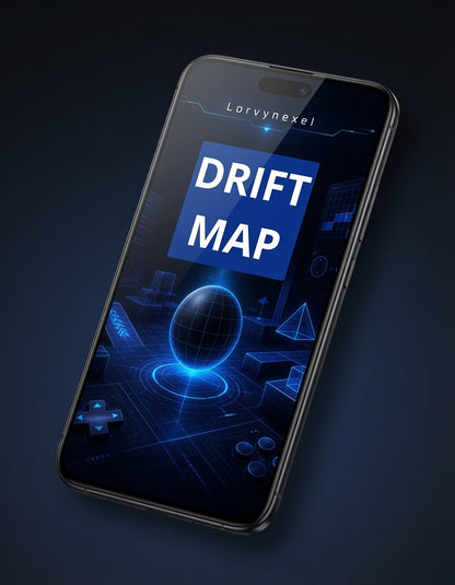 A smartphone shown at an angle on a dark blue background, displaying a futuristic blue interface with the text 'Lorynexel' and 'DRIFT MAP'.