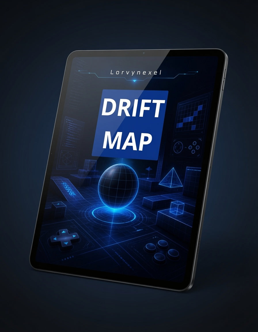 A tablet device shown at an angle against a dark blue background, displaying a futuristic digital interface with the text 'DRIFT MAP' and the name 'Lorvynexel' at the top.
