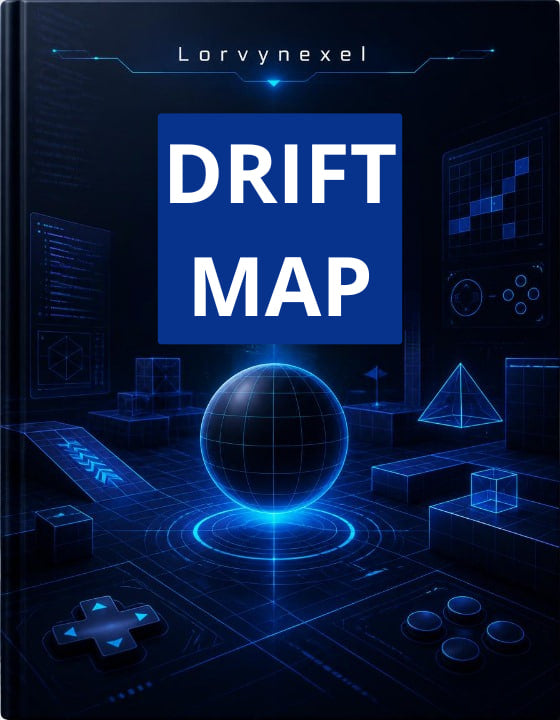 A book cover titled 'DRIFT MAP' by Lorynexel, featuring a futuristic dark blue and black digital interface design with glowing blue lines, a central glowing globe, and abstract geometric panels.