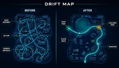 A digital infographic titled 'DRIFT MAP' comparing a chaotic 'BEFORE' movement pattern with an organized 'AFTER' route. The graphic features two dark blue schematic maps with glowing cyan lines, labeled with terms like 'Entry Point', 'Challenge Point', and 'Transition'.