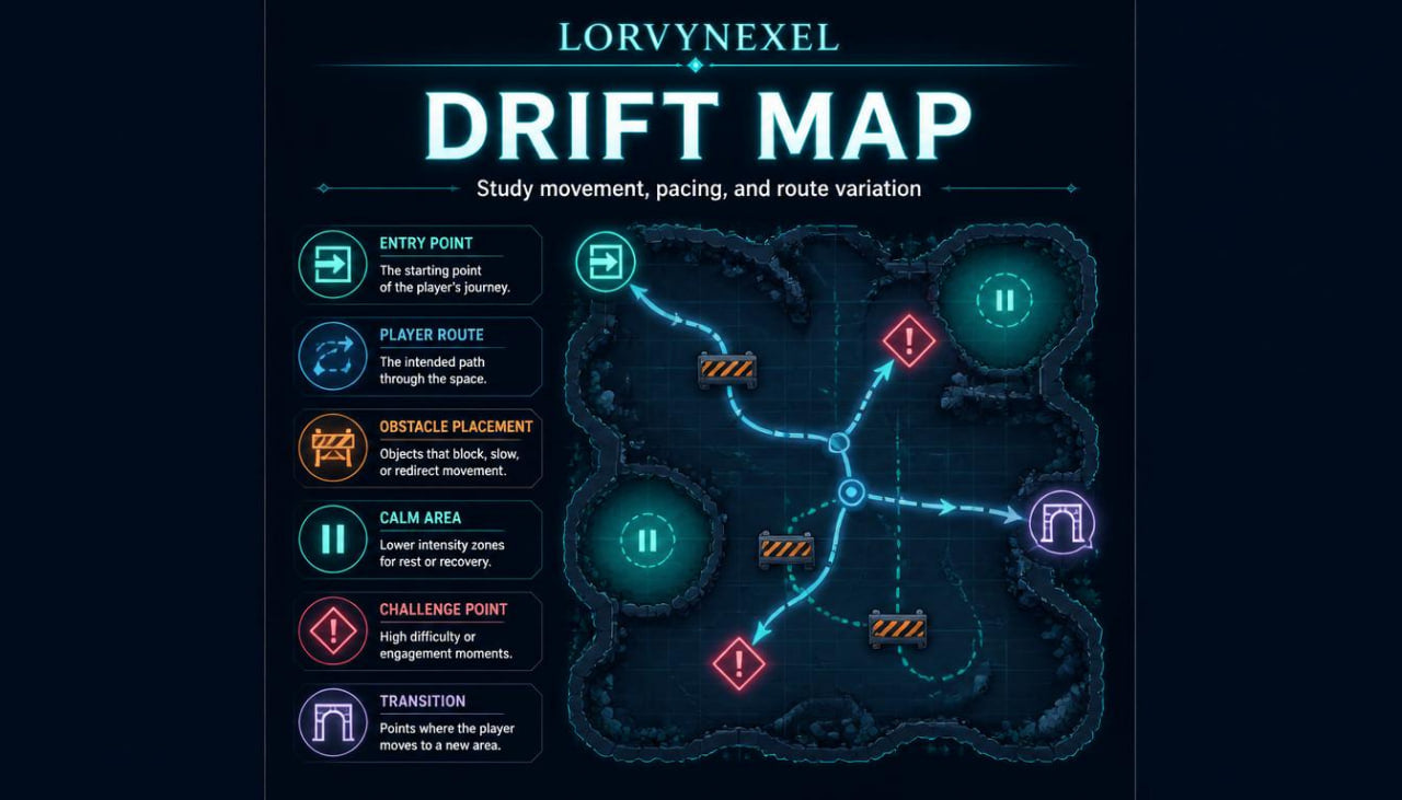 A digital game map graphic titled 'LORVYNEXEL DRIFT MAP' on a dark background, showing a stylized dark map with glowing blue route lines, icons, and labeled points such as entry point, player route, obstacle placement, calm area, challenge point, and transition.