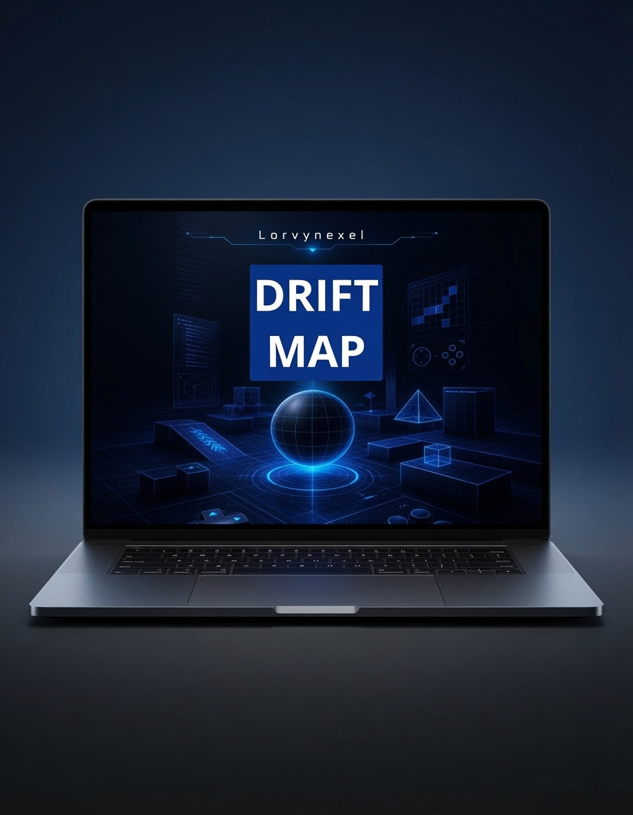 A silver laptop open and centered against a dark blue gradient background, displaying a digital screen with the text 'Lorynnexel' and 'DRIFT MAP' in a glowing blue interface.