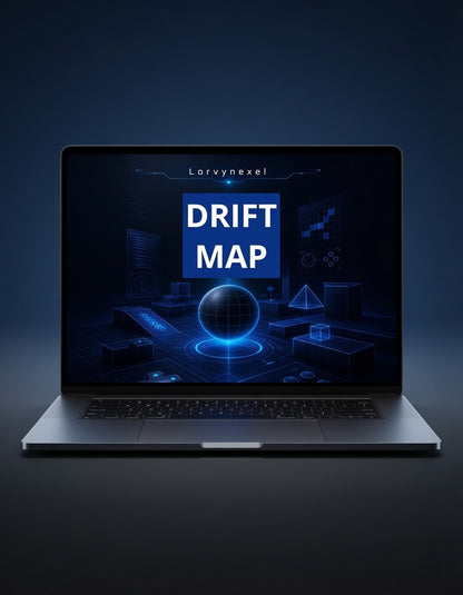 A silver laptop open and centered against a dark blue gradient background, displaying a digital screen with the text 'Lorynnexel' and 'DRIFT MAP' in a glowing blue interface.