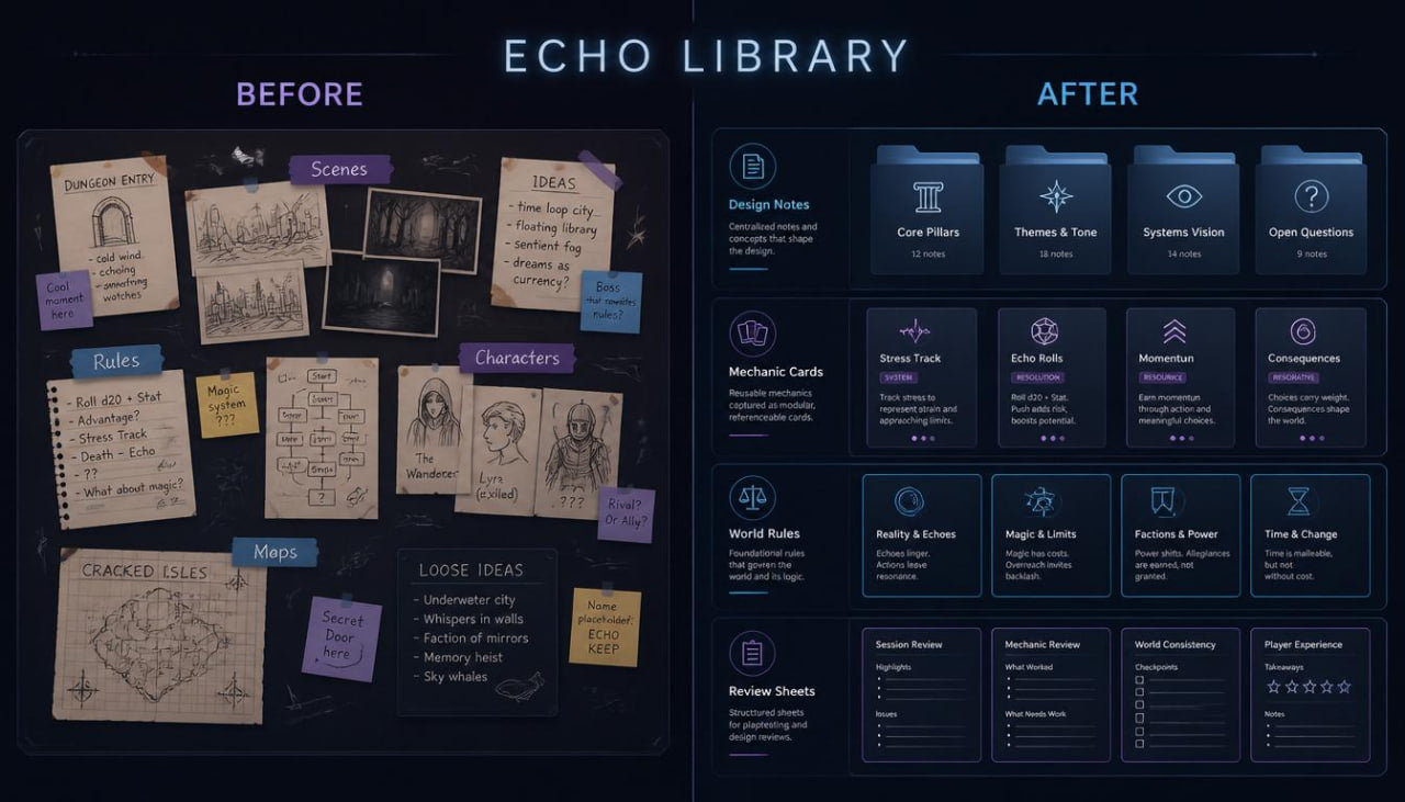 A dark promotional graphic titled 'ECHO LIBRARY' comparing a messy sketchbook layout labeled 'BEFORE' with an organized software dashboard layout labeled 'AFTER'. The before section shows loose notes, sketches, and sticky notes on a dark board.