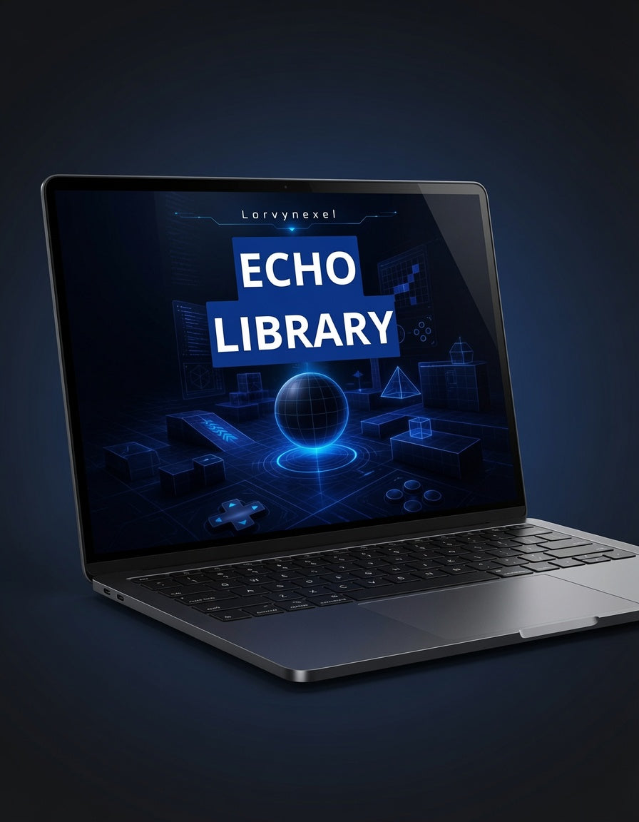A dark gray laptop shown open on a dark blue background, with the screen displaying the text 'Lorynexel ECHO LIBRARY' in glowing blue and white futuristic graphics.
