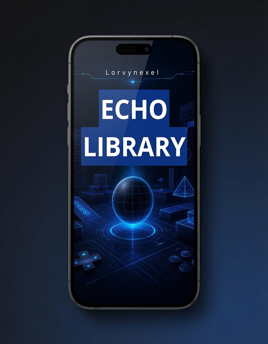 A smartphone centered on a dark blue background, displaying a futuristic app or media interface with the text 'ECHO LIBRARY' in large white letters and a glowing blue globe graphic. The phone itself appears black or very dark gray.