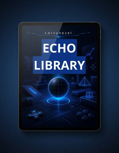 A tablet device centered on a dark blue background, displaying a futuristic digital cover design with the text 'ECHO LIBRARY' and the name 'Lorvynexel' at the top.