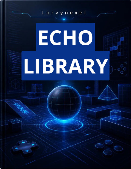 A book cover titled 'ECHO LIBRARY' by Lorynexel, featuring a futuristic dark blue and black digital interface design with glowing blue text and geometric graphics.