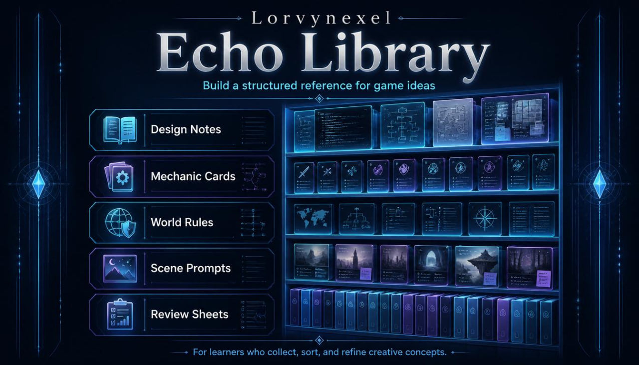 Digital cover graphic for 'Lorvynexel Echo Library', a game design reference tool. The dark blue interface displays categorized tabs such as Design Notes, Mechanic Cards, World Rules, and Scene Prompts, alongside a grid of digital book covers and shelves.