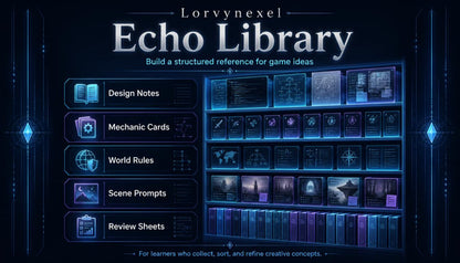 Digital cover graphic for 'Lorvynexel Echo Library', a game design reference tool. The dark blue interface displays categorized tabs such as Design Notes, Mechanic Cards, World Rules, and Scene Prompts, alongside a grid of digital book covers and shelves.