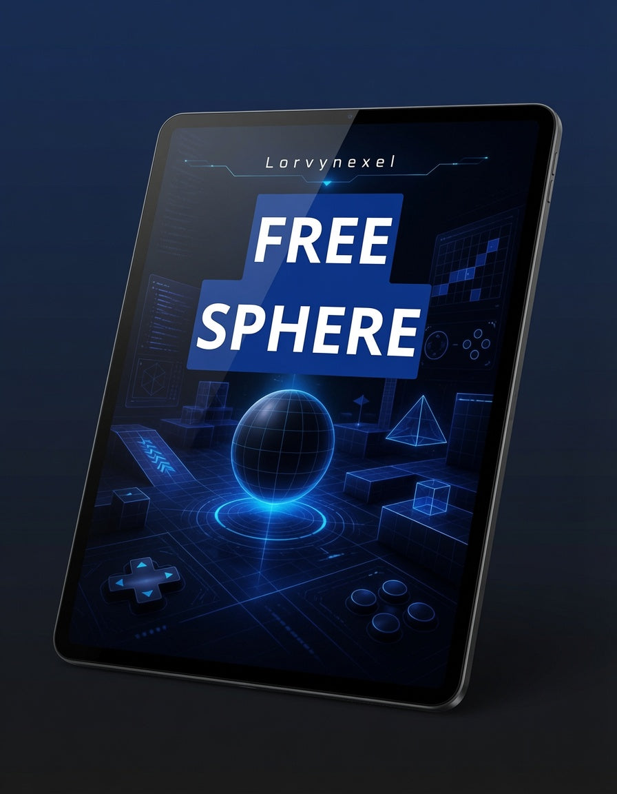 A tablet device shown at an angle on a dark blue background, displaying a futuristic digital interface with the text 'Lorvynexel' and 'FREE SPHERE' over glowing blue geometric graphics.