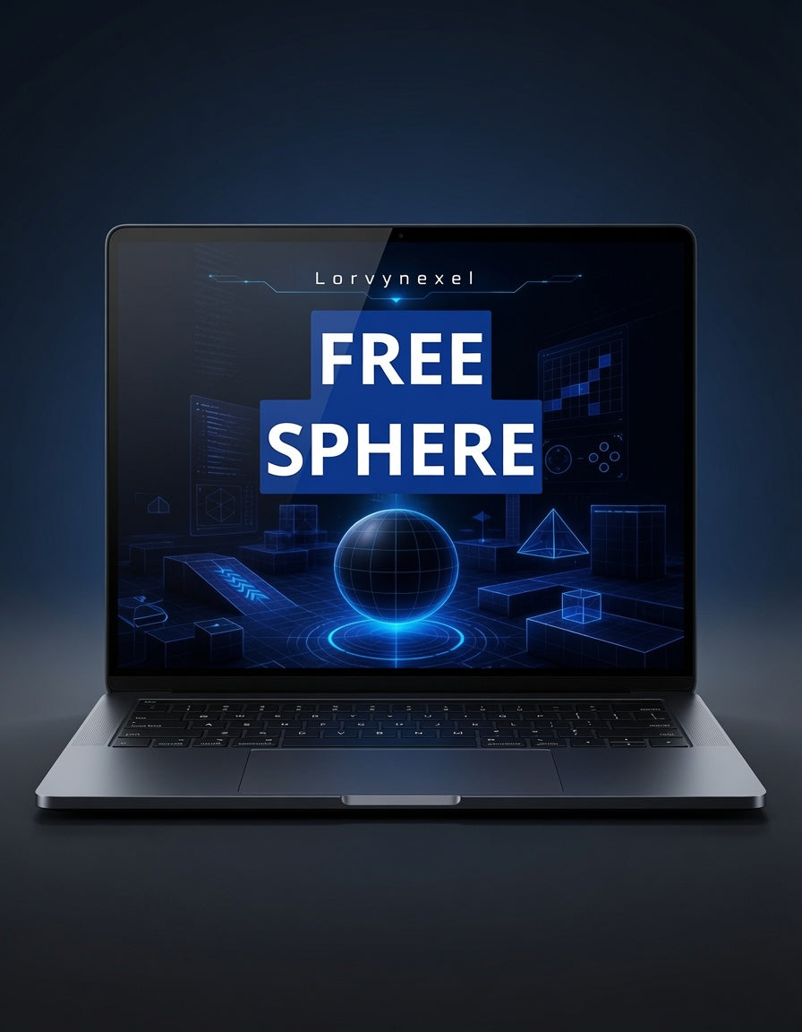 A silver laptop open and centered on a dark studio background, displaying a blue digital graphic with the text 'Loryn nexel' and large 'FREE SPHERE' on the screen.
