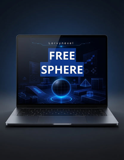 A silver laptop open and centered on a dark studio background, displaying a blue digital graphic with the text 'Loryn nexel' and large 'FREE SPHERE' on the screen.