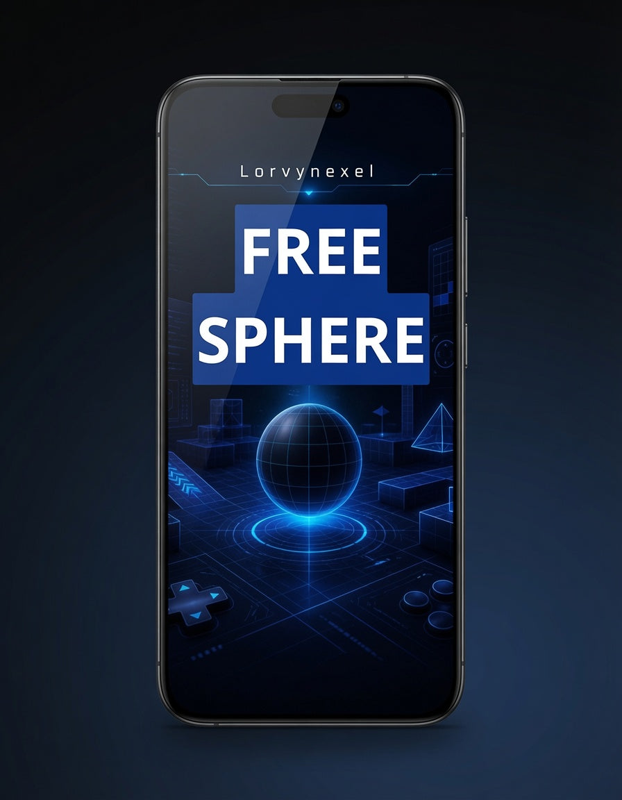 A smartphone centered on a dark blue background, displaying a futuristic app-style graphic with the text 'Lorvynexel' and large 'FREE SPHERE' over a glowing blue globe and tech-themed interface.
