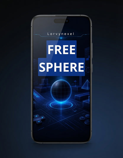 A smartphone centered on a dark blue background, displaying a futuristic app-style graphic with the text 'Lorvynexel' and large 'FREE SPHERE' over a glowing blue globe and tech-themed interface.