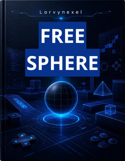 A book cover titled 'FREE SPHERE' by Lorynexel, featuring a futuristic blue digital design with a glowing 3D sphere and geometric shapes on a dark background.