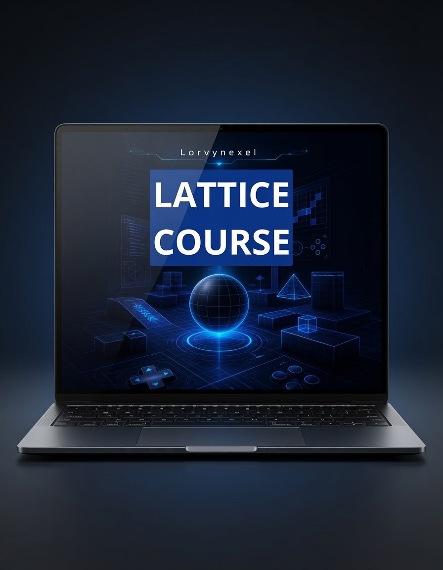 A dark gray laptop on a black background, displaying a digital course cover on the screen with the text 'LATTICE COURSE' and the brand name 'Lorynnexel' at the top.