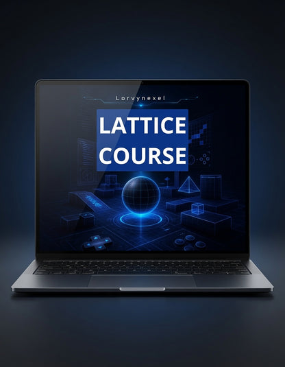 A dark gray laptop on a black background, displaying a digital course cover on the screen with the text 'LATTICE COURSE' and the brand name 'Lorynnexel' at the top.