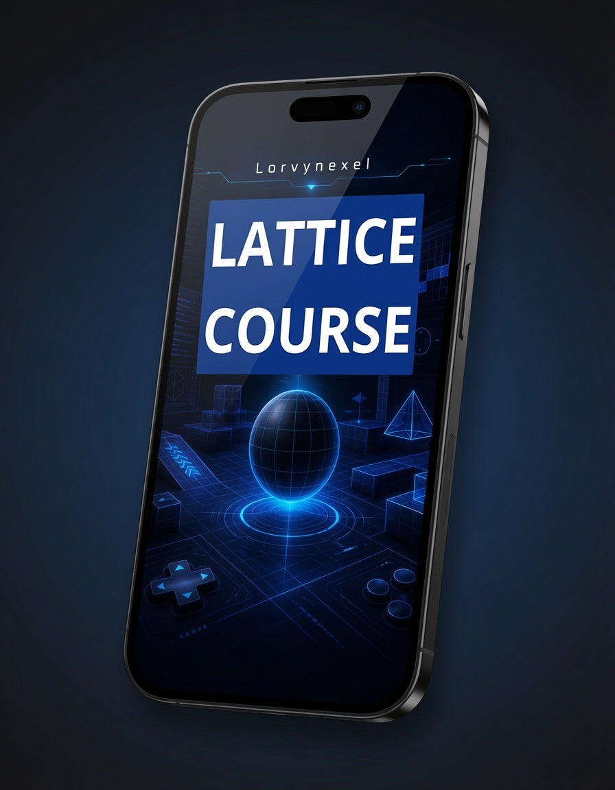 A smartphone shown at an angle against a dark blue gradient background, with the screen displaying the text 'Lorvnexel LATTICE COURSE' and futuristic blue digital graphics.