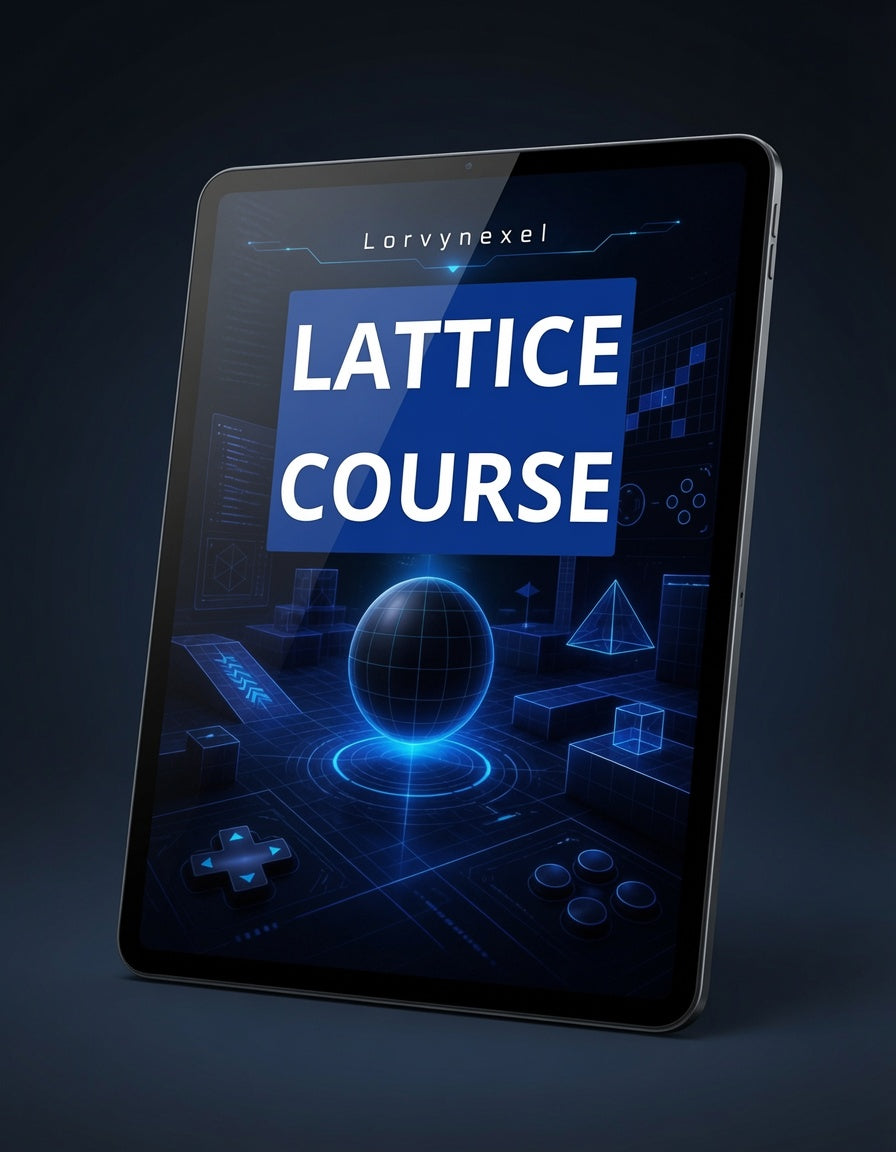 A tablet device shown at an angle on a dark studio background, displaying a digital cover design with the text 'Lorvynexel LATTICE COURSE' in white on a blue panel over a glowing blue tech-themed graphic.