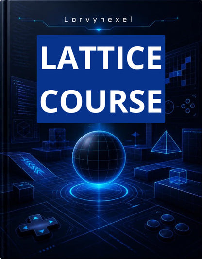 A book cover titled 'LATTICE COURSE' by Lorynexel, featuring a dark blue and black futuristic digital design with glowing blue geometric elements and white text.