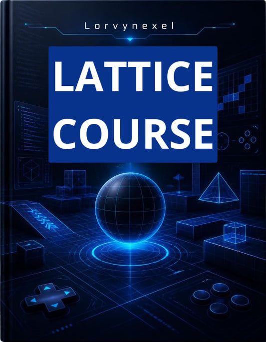 A book cover titled 'LATTICE COURSE' by Lorynexel, featuring a dark blue and black futuristic digital design with glowing blue geometric elements and white text.