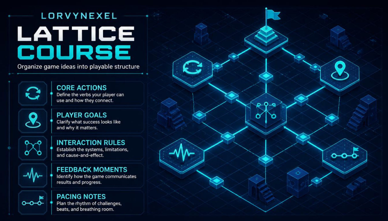 A digital infographic titled 'LORVYNEXEL LATTICE COURSE' on a dark blue background, showing a glowing isometric network diagram with labeled nodes such as core actions, player goals, interaction rules, feedback moments, and pacing notes.