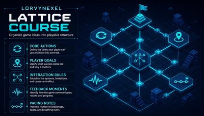 A digital infographic titled 'LORVYNEXEL LATTICE COURSE' on a dark blue background, showing a glowing isometric network diagram with labeled nodes such as core actions, player goals, interaction rules, feedback moments, and pacing notes.