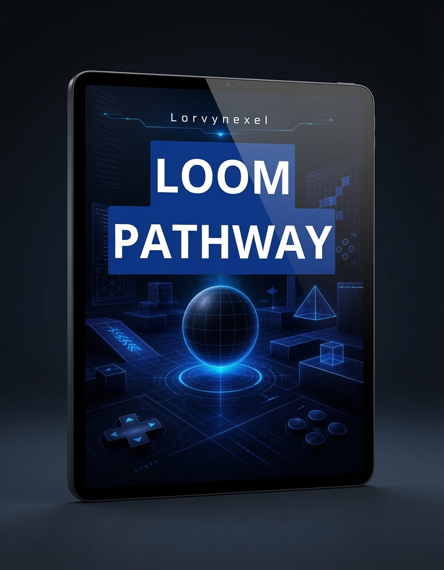 A tablet device displaying a futuristic blue digital cover with the text 'Lorvynexel' and 'LOOM PATHWAY' on a dark studio background.