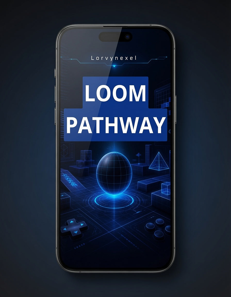 A smartphone centered on a dark blue background, displaying a futuristic app or game screen with the text 'LOOM PATHWAY' in large white letters over a glowing blue interface. The phone itself appears black or very dark gray.