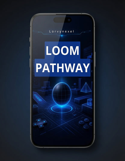 A smartphone centered on a dark blue background, displaying a futuristic app or game screen with the text 'LOOM PATHWAY' in large white letters over a glowing blue interface. The phone itself appears black or very dark gray.