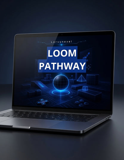 A dark gray laptop on a black surface, displaying a futuristic blue digital interface with the text 'Lorynexel LOOM PATHWAY' on the screen.