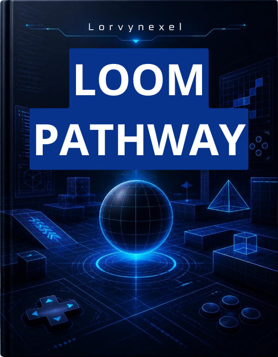 A book cover titled 'LOOM PATHWAY' by Lorynexel, featuring a futuristic dark blue and black digital design with glowing blue line art, geometric shapes, and a central glowing orb.