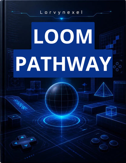 A book cover titled 'LOOM PATHWAY' by Lorynexel, featuring a futuristic dark blue and black digital design with glowing blue line art, geometric shapes, and a central glowing orb.