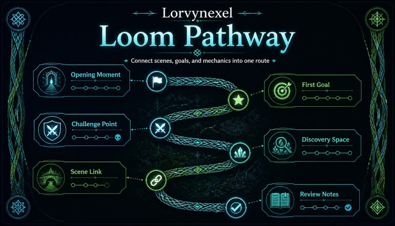 A digital infographic titled 'Lorynexel Loom Pathway' on a dark textured background, showing a stylized glowing pathway connecting labeled nodes such as Opening Moment, Challenge Point, Scene Link, First Goal, Discovery Space, and Review Notes.