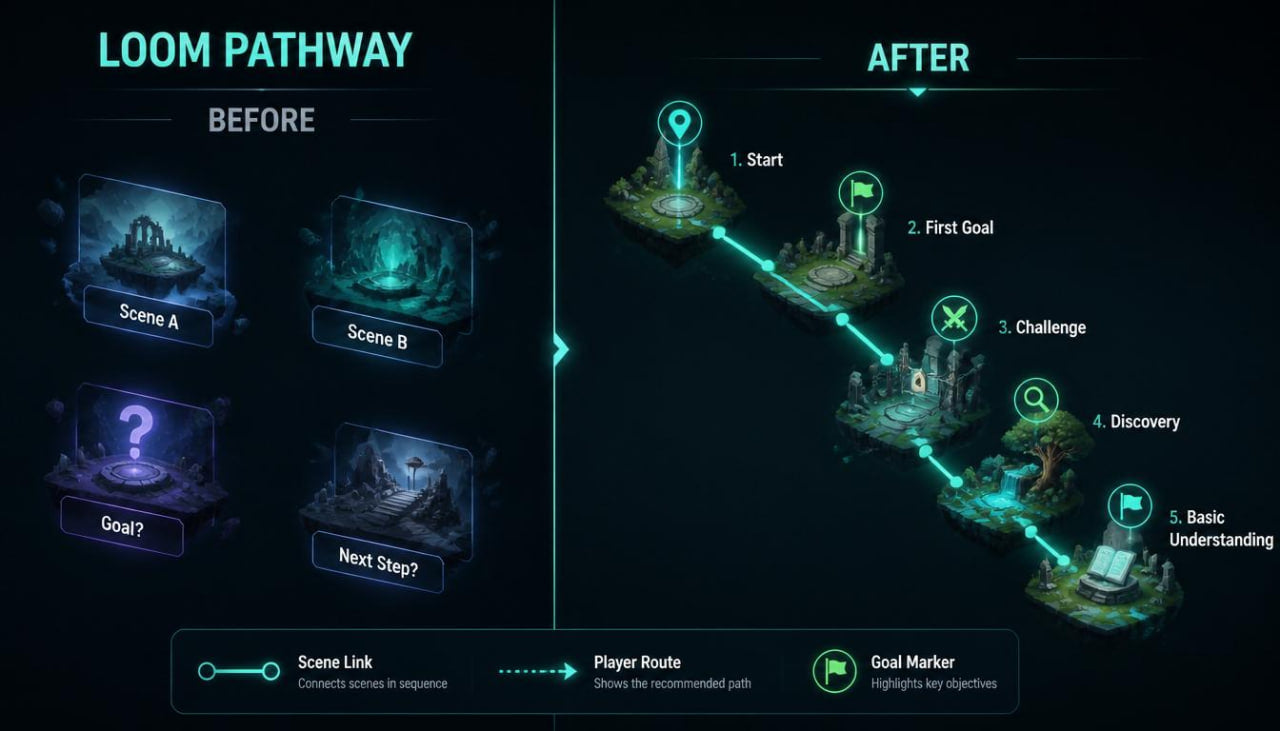 A digital game interface graphic titled 'LOOM PATHWAY' showing a before-and-after comparison of scene linking and player route flow. The left side labeled 'BEFORE' shows four dark scene thumbnails: 'Scene A', 'Scene B', 'Goal?', and 'Next Step?'.